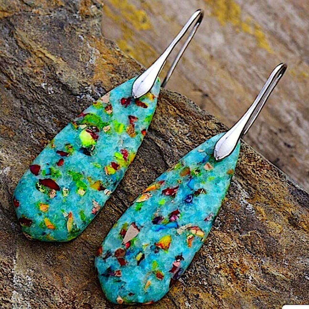 Blue Imperial Jasper Stone Earrings Blue Silver